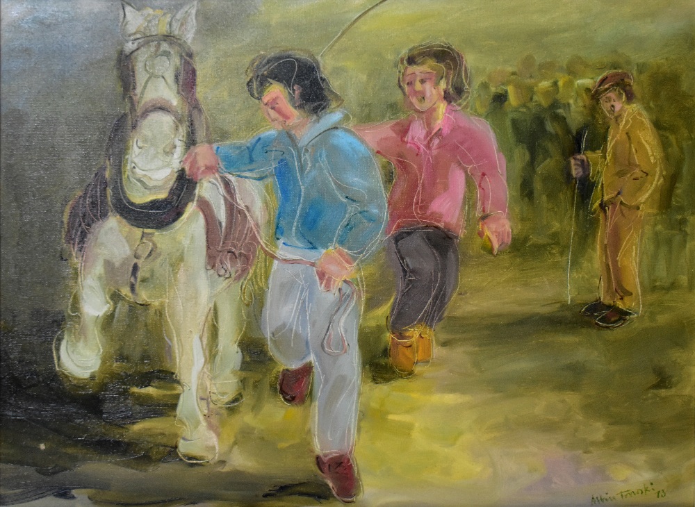 ALBIN TROWSKI (1919-2012); oil on board, a horse fair, signed and dated 73, 43.5 x 59cm, framed. ( - Image 2 of 5