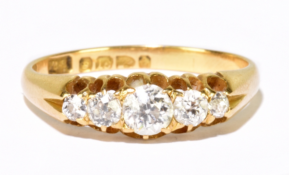 An 18ct yellow gold graduated five stone old cut diamond ring, hallmarked Chester 1894, size O,