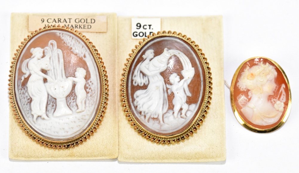 Two 9ct yellow gold framed carved oval cameo brooches, and an 18ct yellow gold framed cameo with