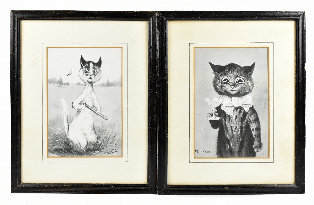 AFTER LOUIS WAIN; a pair of humorous black and white prints of cats, 26 x 17.5cm, framed and