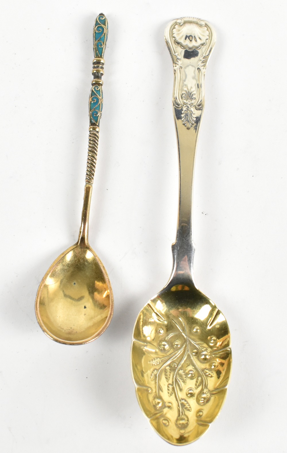 A Russian silver gilt and cloisonné enamel detailed coffee spoon, length 11.5cm, also a Victorian '