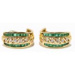 A pair of 14ct yellow gold emerald and diamond half hoop earrings, with clip and post backs, 2cm