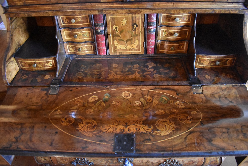 A very large late 18th century Dutch marquetry inlaid bureau bookcase, the shaped cornice above - Image 3 of 6