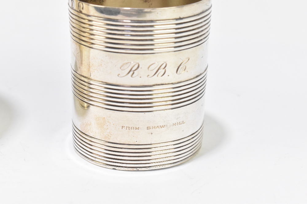 A George III hallmarked silver christening mug of cylindrical form with banded decoration and - Image 2 of 7