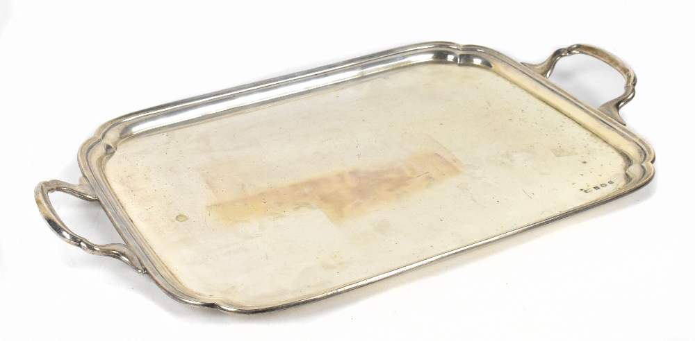 A George V hallmarked silver twin handled rectangular tray, Viners, Sheffield, 1931, 61.5ozt/