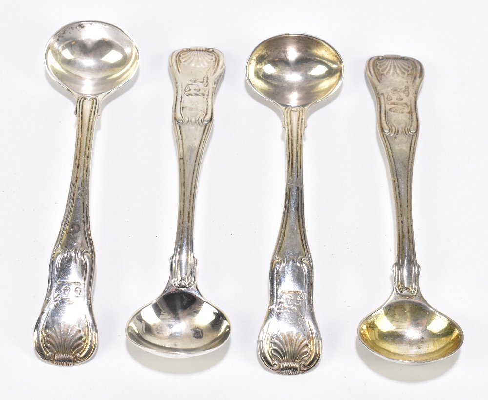 WILLIAM (II) CHARLES & HENRY ELEY; four George III hallmarked silver mustard spoons decorated in the