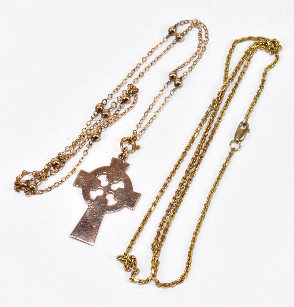 An early 20th century 9ct rose gold Celtic cross pendant on chain, the cross Chester 1913, length