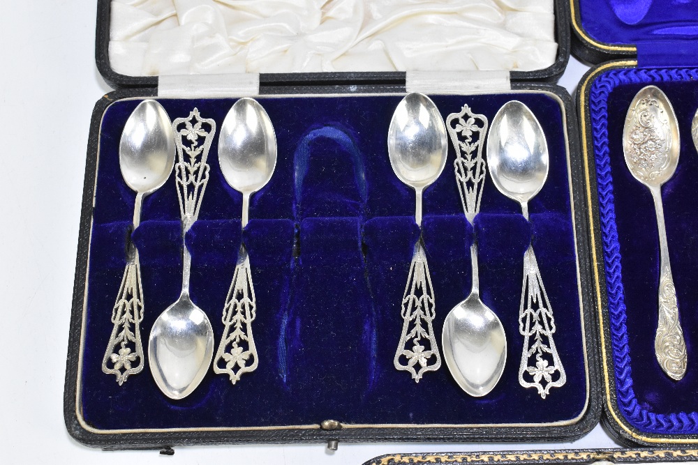 A set of six late Victorian hallmarked silver tea spoons and matching sugar tongs, with floral - Image 2 of 6