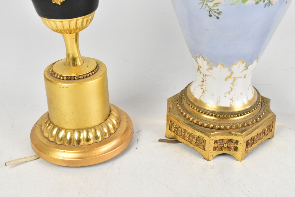 A late 19th century porcelain and gilt metal mounted twin handled table lamp, possibly Sevres, - Image 4 of 5