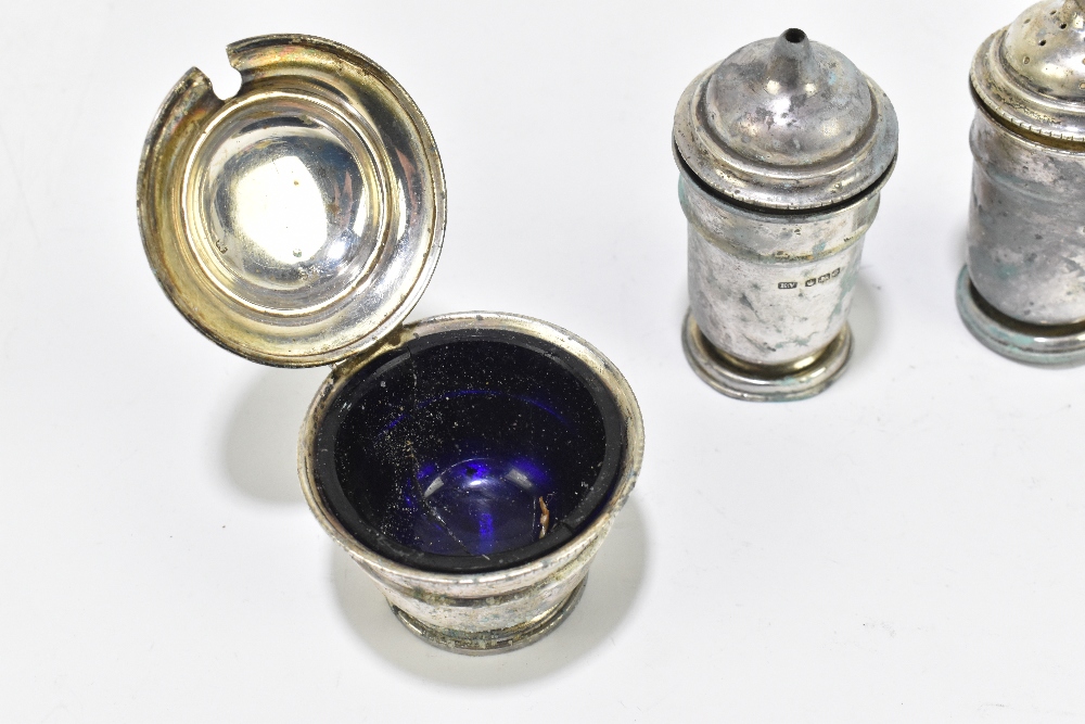 VINERS LTD; a George V hallmarked silver three piece cruet comprising pepperette, salt and lidded - Image 5 of 5