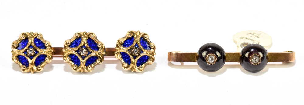 A yellow metal and 9ct rose gold enamel detailed bar brooch formed of three shirt studs now