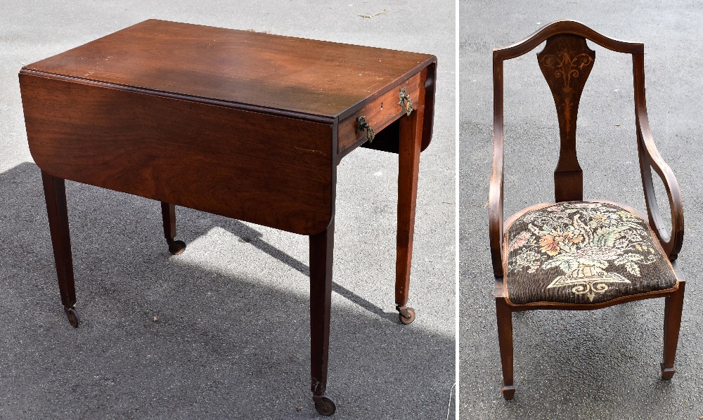 A 19th century mahogany drop-leaf Pembroke table with single end drawer and turned column supports