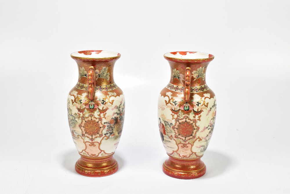 A pair of early 20th century Japanese Kutani twin handled vases painted with figures in landscape - Image 2 of 5