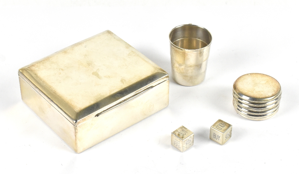 A sterling silver cigarette case, width 10cm, with a modern silver collapsible cup and case (3)