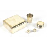 A sterling silver cigarette case, width 10cm, with a modern silver collapsible cup and case (3)