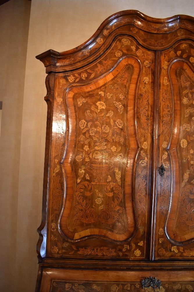 A very large late 18th century Dutch marquetry inlaid bureau bookcase, the shaped cornice above - Image 2 of 6