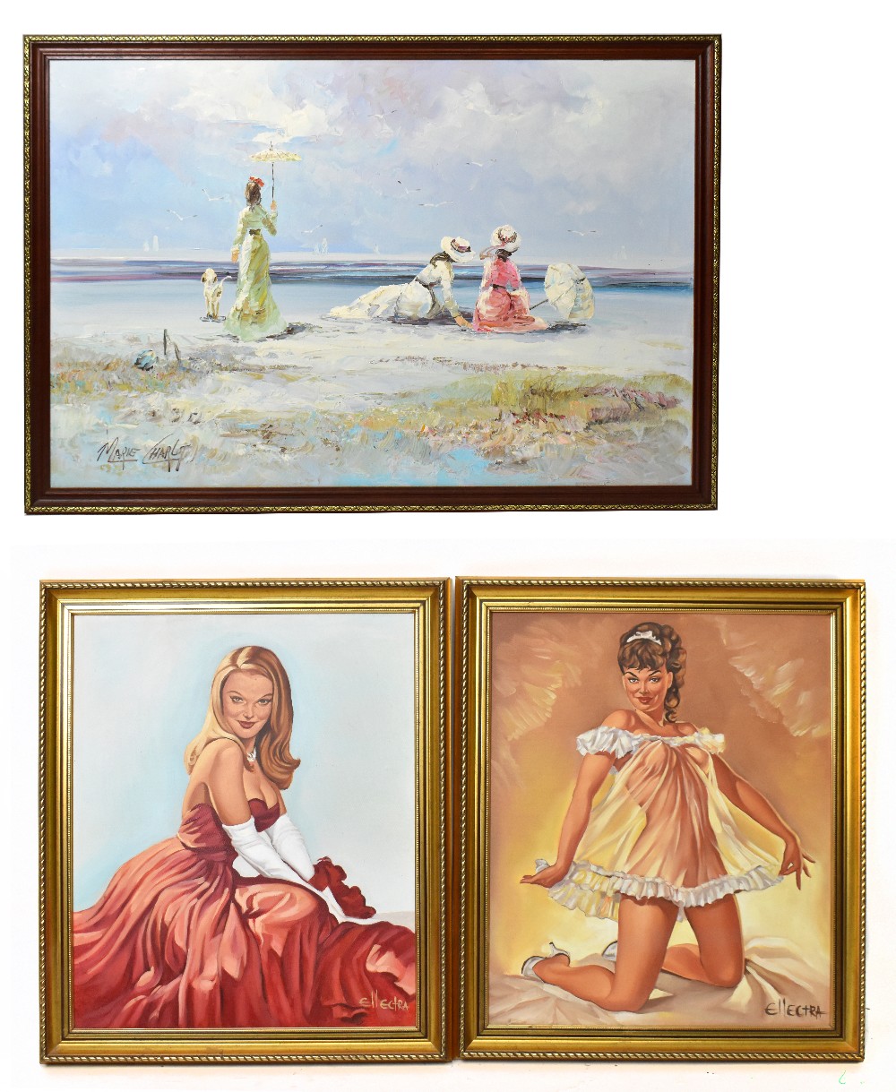 ELECTRA; two oil on canvas, portraits of maidens, each signed lower right, 60 x 49.5cm, with a Marie