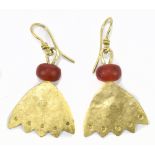 GUY ROYLE; a pair of 18ct yellow gold fan shaped bead adorned drop earrings, length of drop