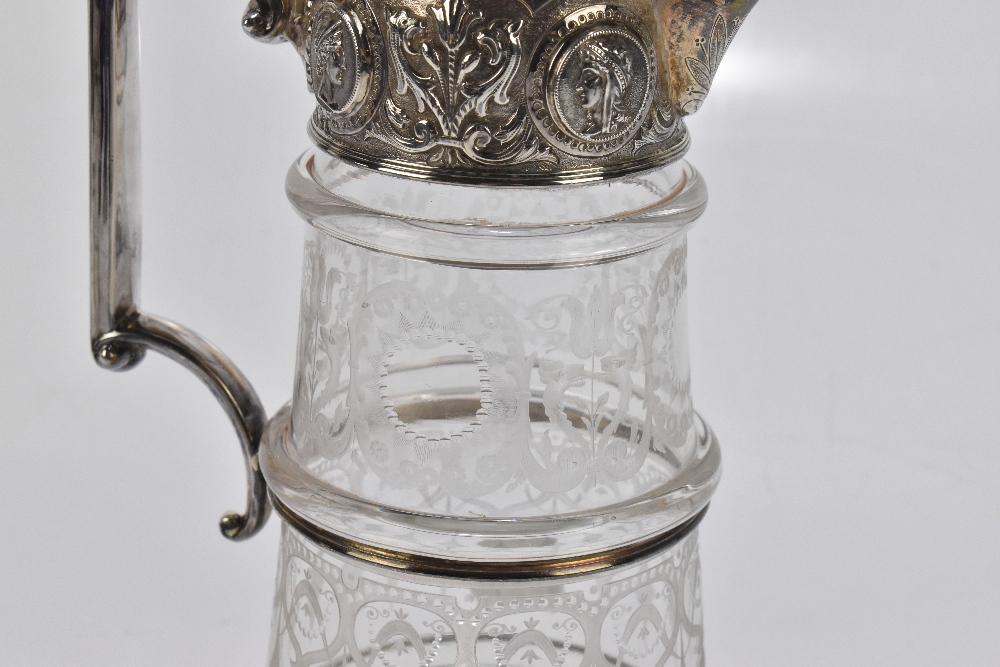 W & G SISSONS; a Victorian hallmarked silver mounted claret jug, the clear glass body with etched - Image 4 of 5