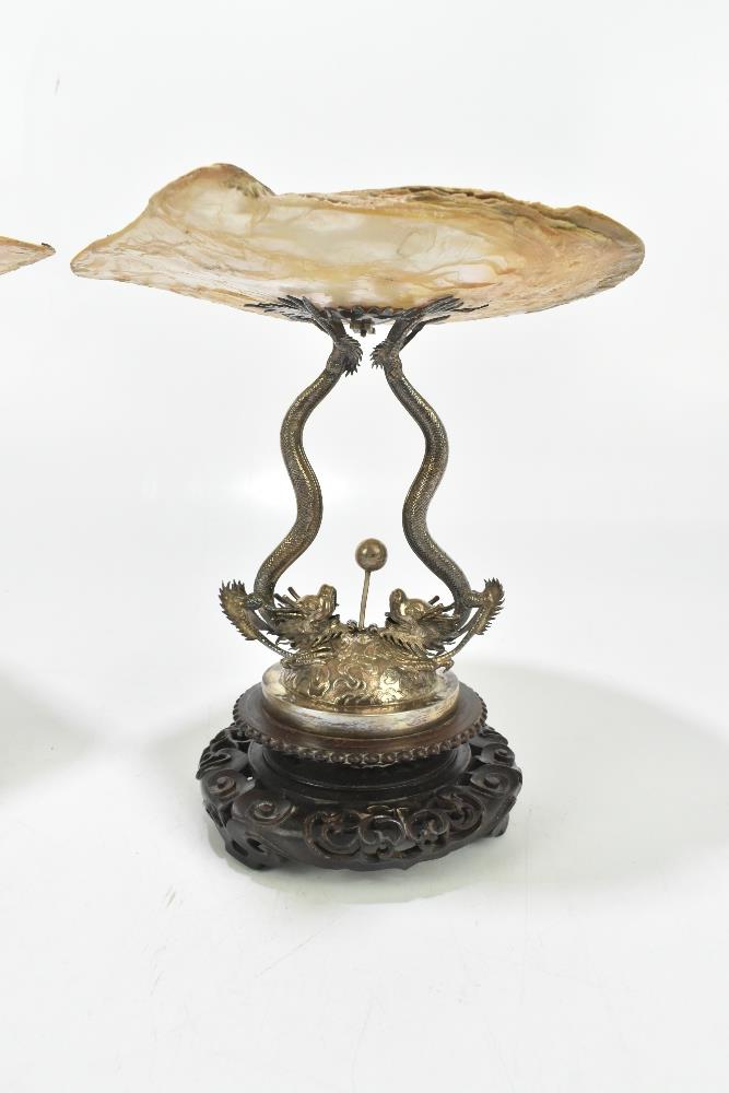 WANG HING; a good pair of late 19th century Chinese silver and mother of pearl tazzas with the shell - Image 3 of 8