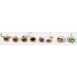 Four pairs of gem set yellow and white metal ear studs (one ruby and diamond example broken), one