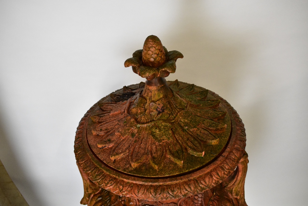 A pair of large ornate terracotta twin handled lidded urns, height 153cm. - Image 2 of 7