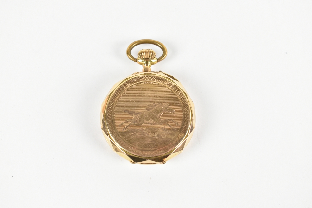 EQUESTRIAN INTEREST; an American 14ct gold crown wind open faced pocket watch, the enamel dial - Image 2 of 4