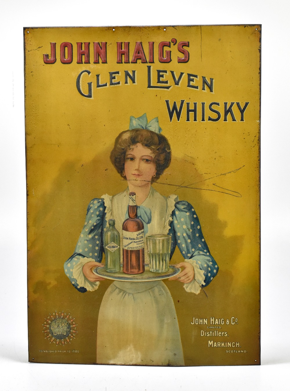 JOHN HAIG'S; an original advertising tin sign for John Haig's Glen Leven whisky, embossed with a