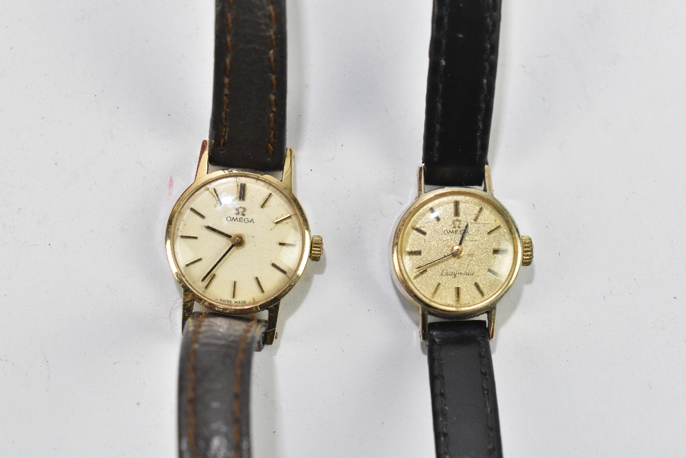 OMEGA; a lady's 9ct gold wristwatch, the circular dial with baton numerals, with a leather strap, - Image 2 of 2