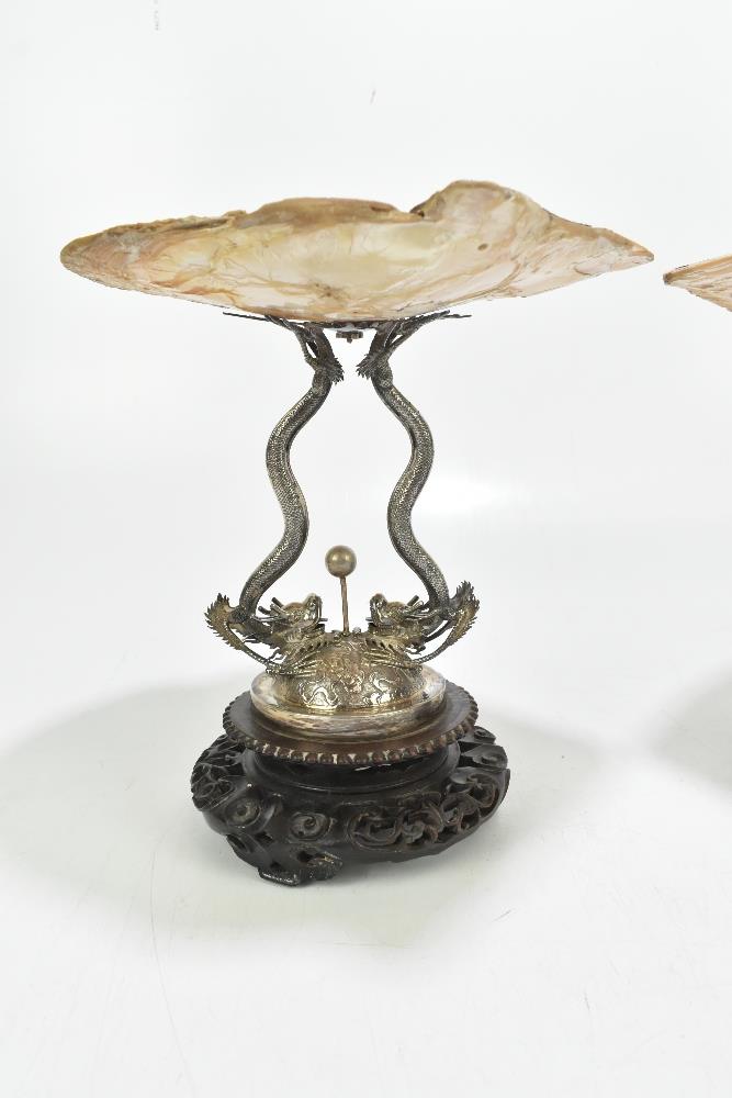 WANG HING; a good pair of late 19th century Chinese silver and mother of pearl tazzas with the shell - Image 2 of 8