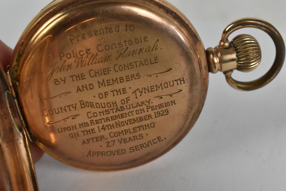 GRANT & SON, SOUTHSHIELDS; a gold plated crown wind full hunter pocket watch, with presentation - Image 4 of 5