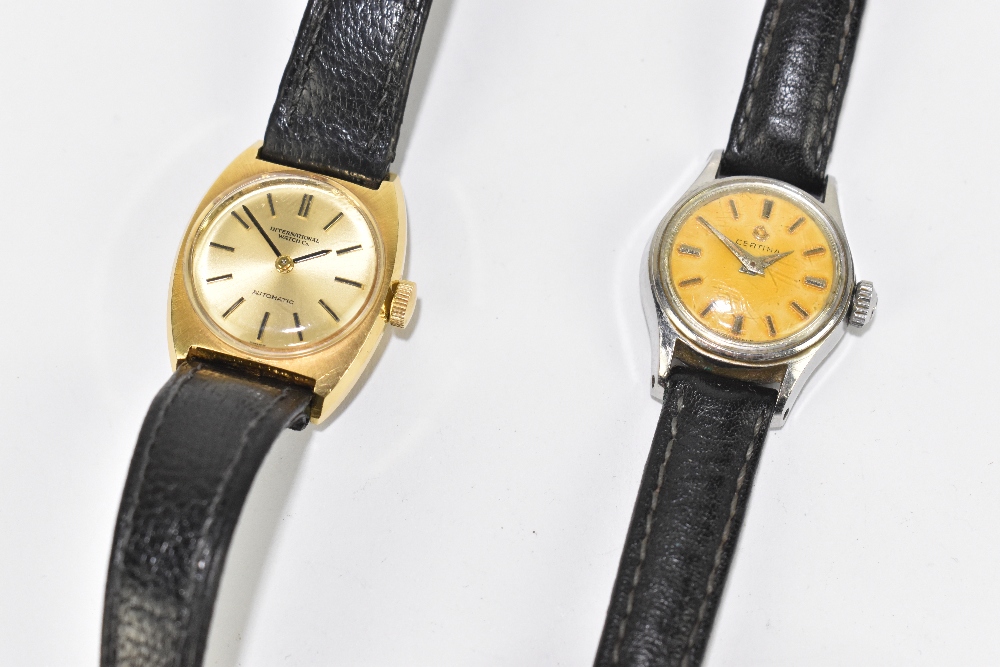 IWC (INTERNATIONAL WATCH CO); a lady's vintage 9ct gold wristwatch with baton markers to the - Image 2 of 3