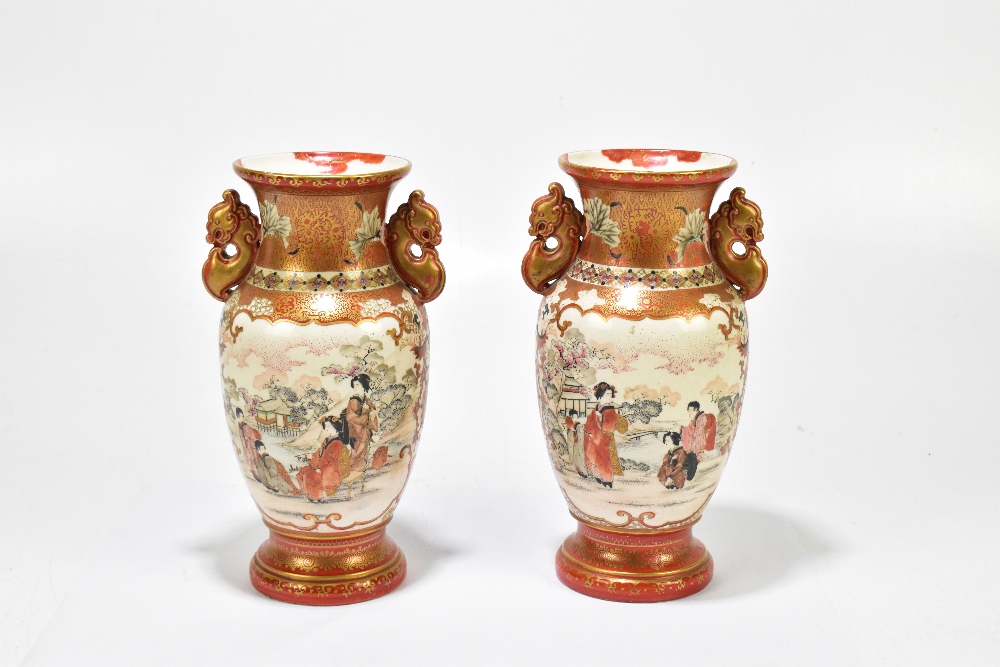 A pair of early 20th century Japanese Kutani twin handled vases painted with figures in landscape - Image 3 of 5