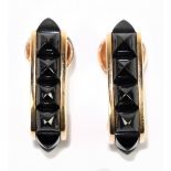 RODNEY RAYNER; a pair of 18ct rose gold and black onyx earrings of half hoop form, 26mm drop,