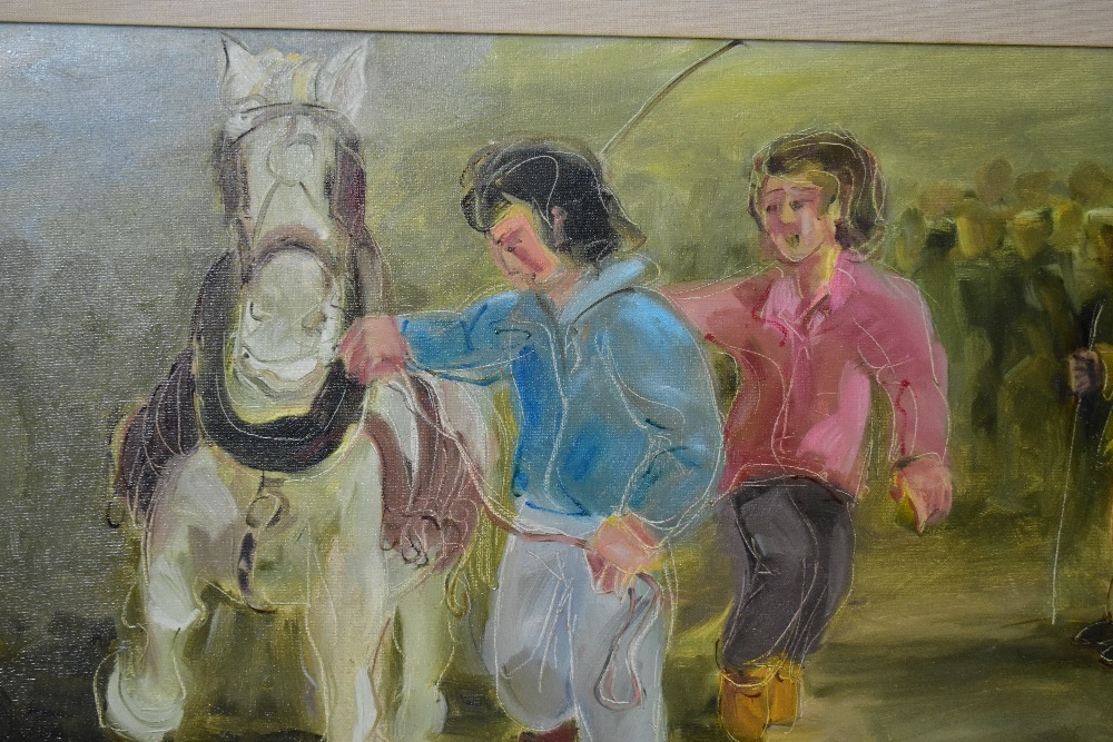 ALBIN TROWSKI (1919-2012); oil on board, a horse fair, signed and dated 73, 43.5 x 59cm, framed. ( - Image 4 of 5