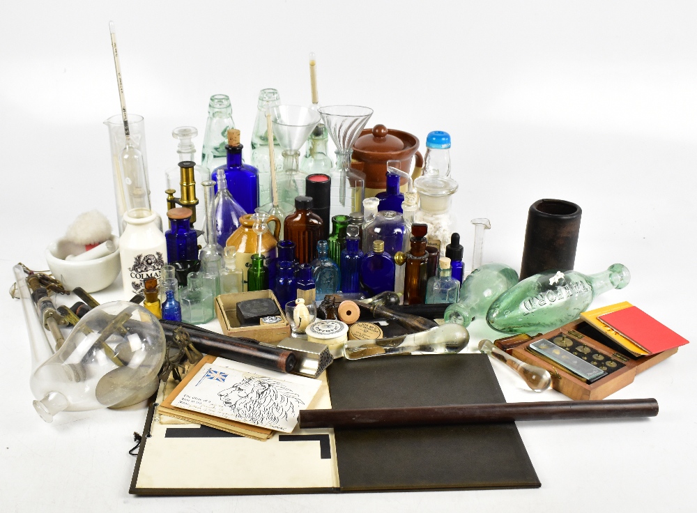 A collection of 19th century and later chemistry and scientific items including a boxed set of