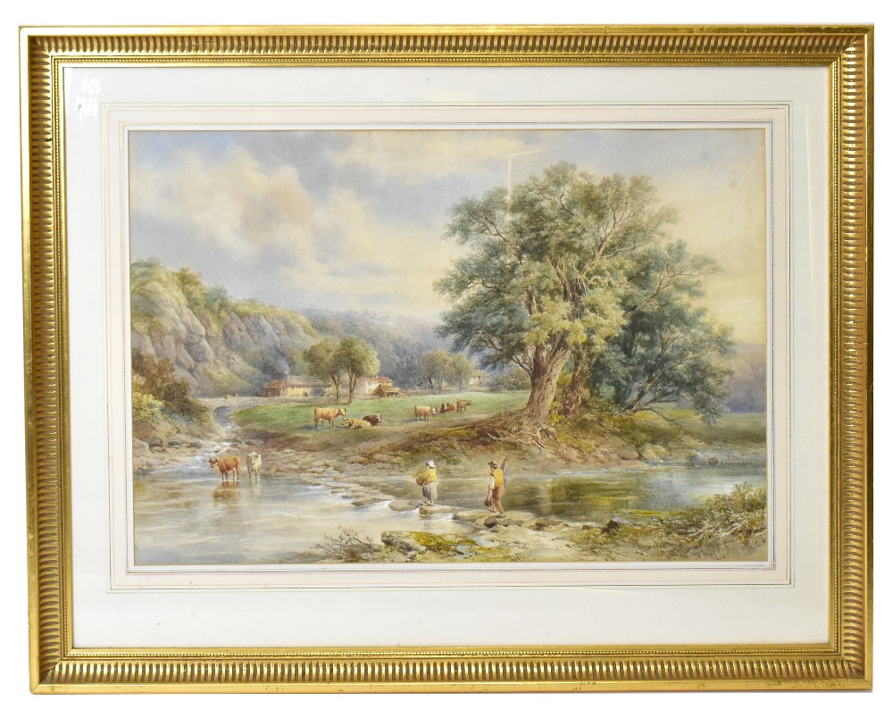 H. ARTHUR; 19th century watercolour, river landscape with figures and cattle, signed lower right,