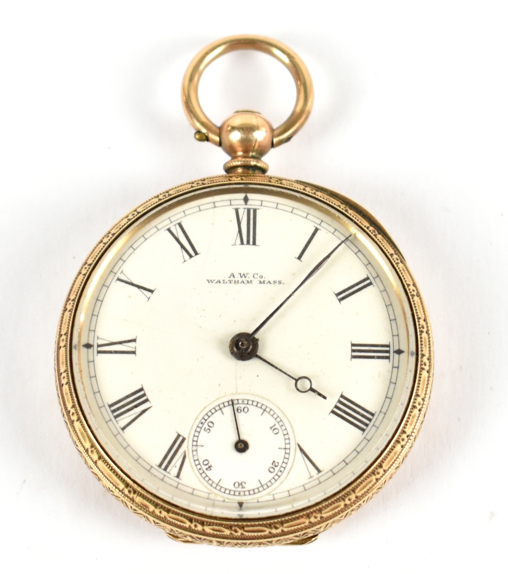 A yellow metal key wind fob watch marked 10C, the enamel dial set with Roman numerals and subsidiary