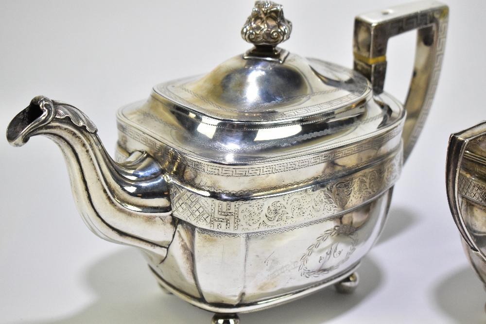 MATTHEW CRAW (probably); a George III hallmarked silver three piece tea service, the teapot cover - Image 2 of 5