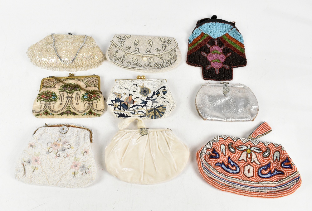 Nine vintage evening bags including six early 20th century beaded bags, one with a red, white and