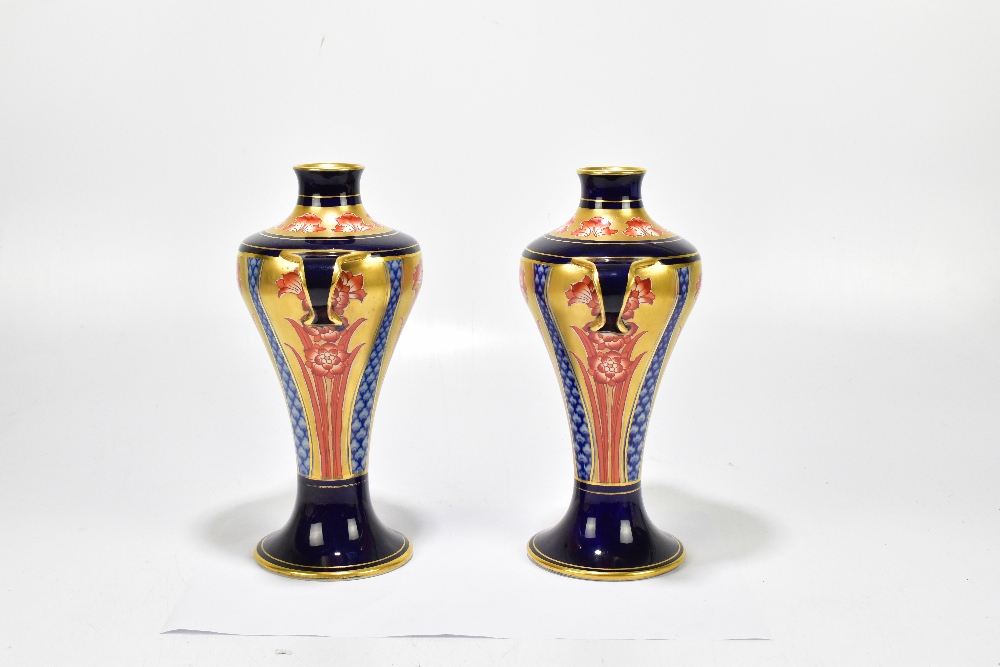 JAMES MACINTYRE; a pair of twin handled meiping shaped vases decorated in the 'Aurelian Ware' - Image 2 of 7