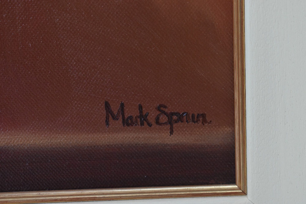 MARK SPAIN (born 1971); oil on canvas, 'Red Cape Held', signed, inscribed verso, with Washington - Image 3 of 4