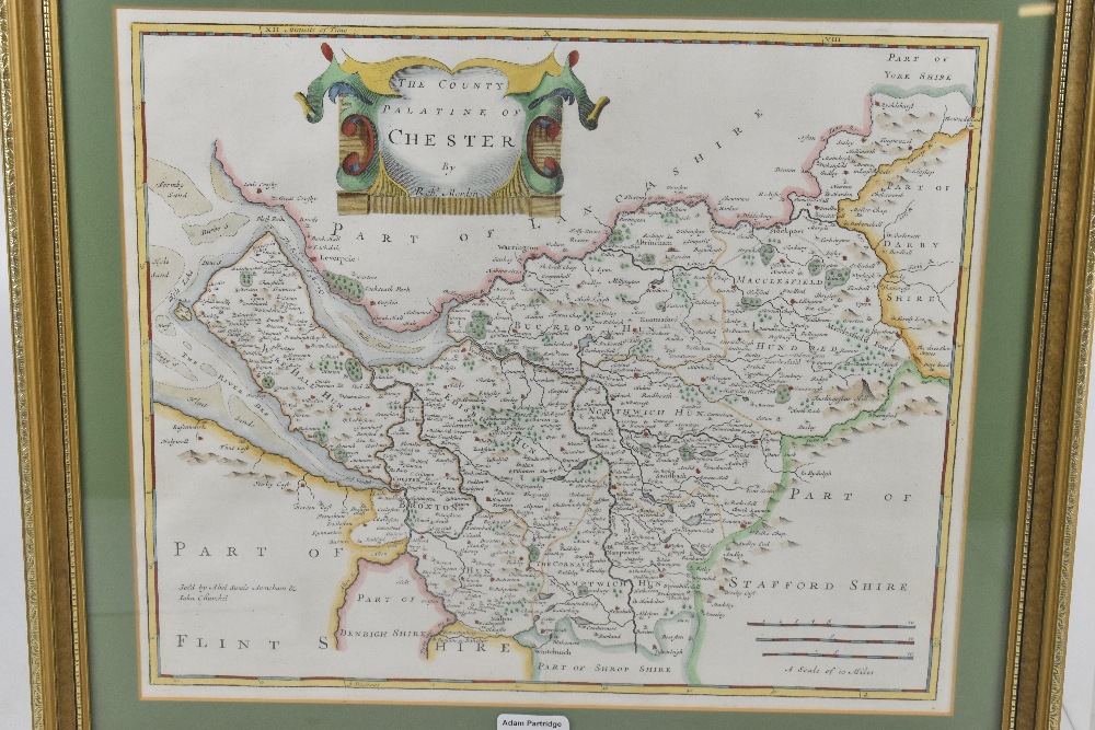 ROBERT MORDEN; a hand coloured engraved map, 'The County Palatine of Chester', 36 x 42.5cm, framed - Image 3 of 3