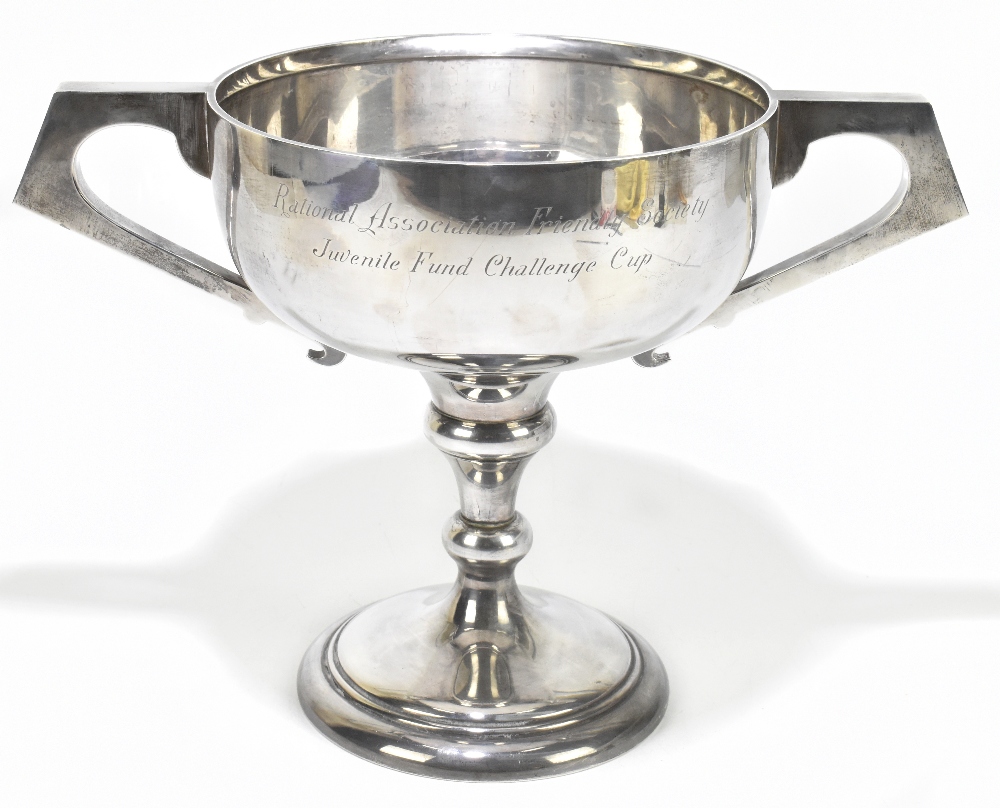 WILLIAM ADAMS LTD; a George VI hallmarked silver twin handled trophy cup with engraved