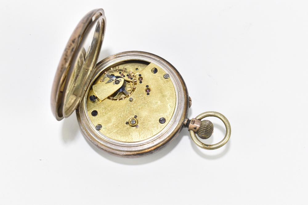 A Edward VII hallmarked silver half hunter crown wind pocket watch, the enamel dial set with Roman - Image 5 of 5