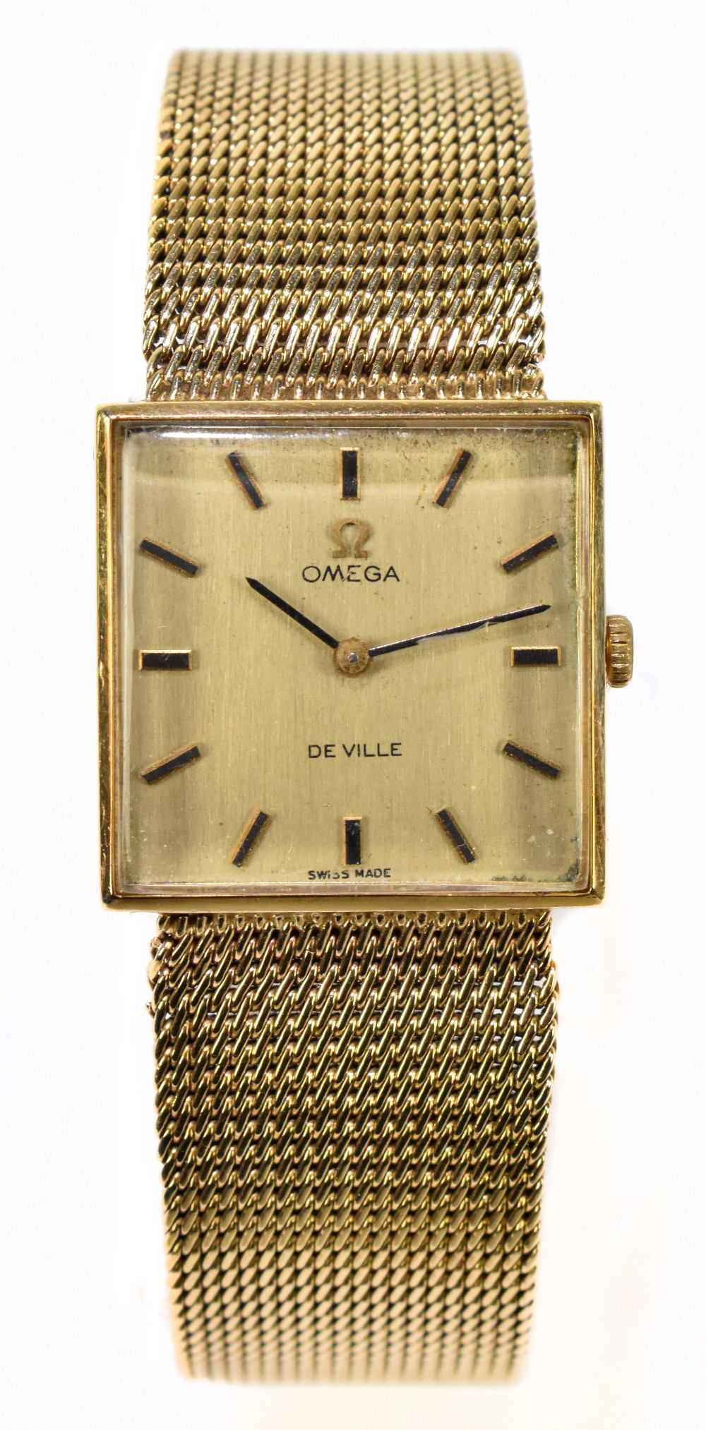 OMEGA; a gentleman's vintage De Ville 9ct yellow gold wristwatch, with baton makers to the square