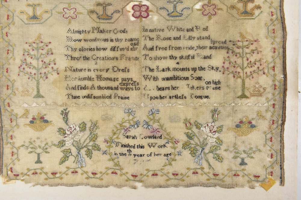 A 19th century needlework sampler with various verses, by Sarah Cowland, finished this work in the - Image 4 of 4