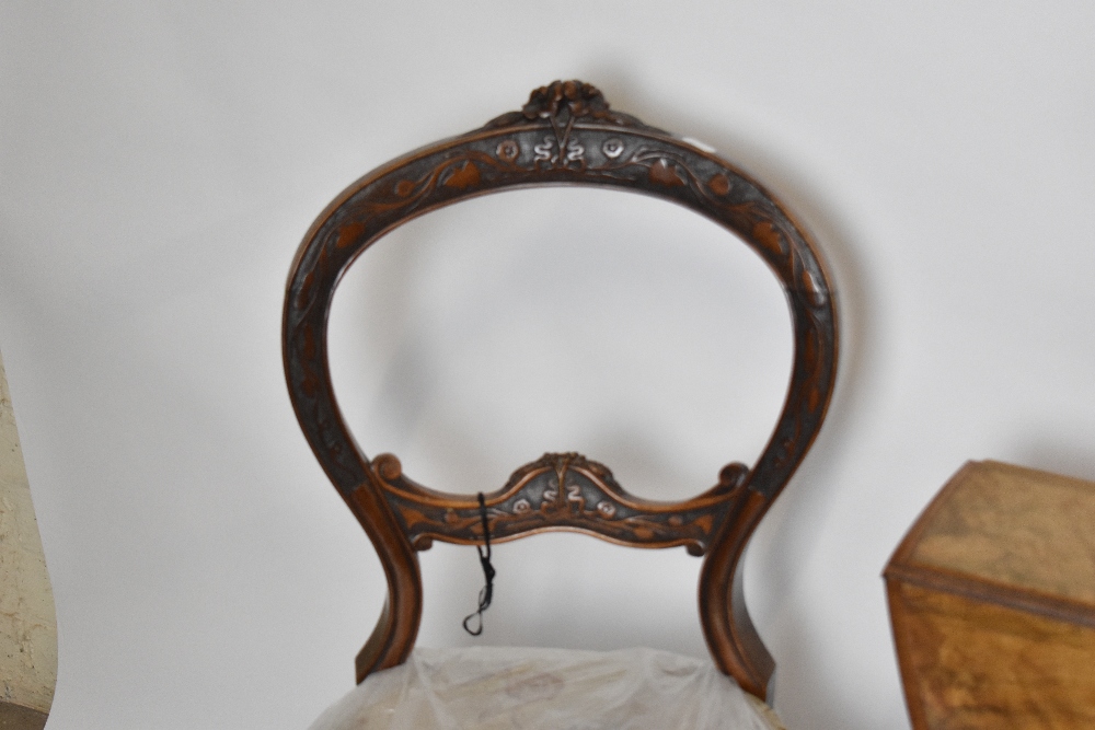 A pair of Victorian carved walnut framed balloon back bedroom chairs with floral upholstered - Image 3 of 4