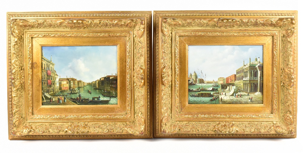 A pair of decorative gilt framed oils on board, Venetian scenes, 18.5 x 23cm.