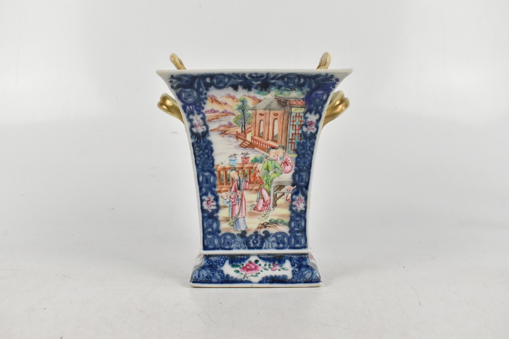 A late 18th century Chinese Export Famille Rose bough pot and cover of square trumpet form painted - Image 3 of 5